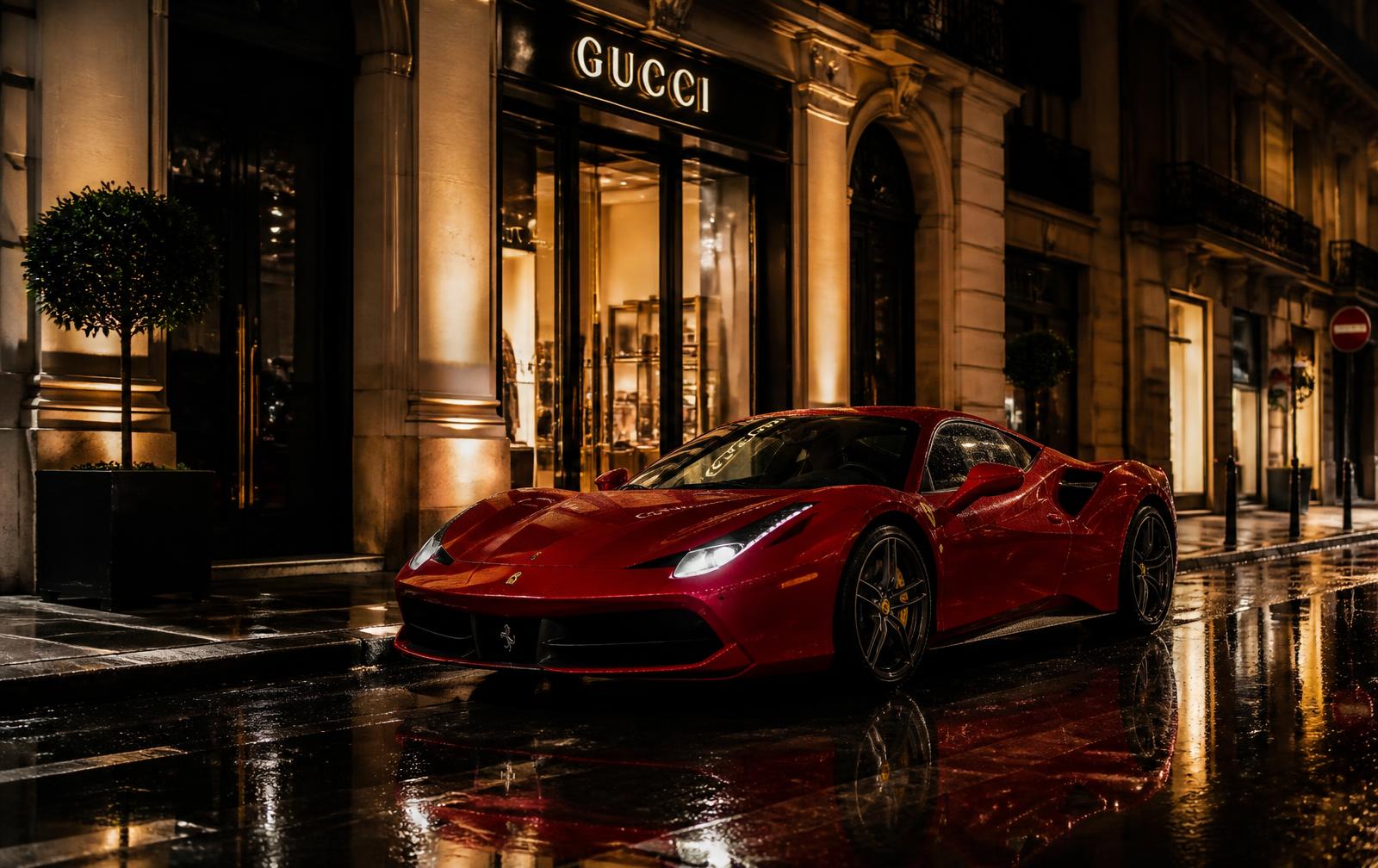 Red Ferrari parked outside a lit flagship boutique on a wet night street