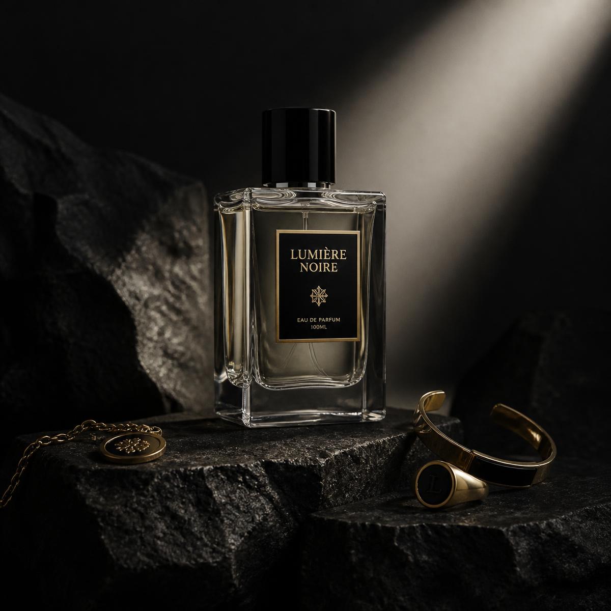 Luxury product still life on black stone under a single beam of light