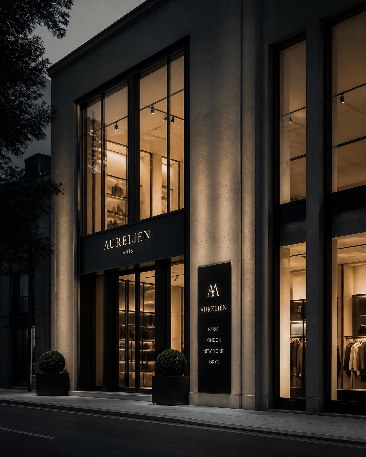 Luxury flagship storefront glowing at dusk