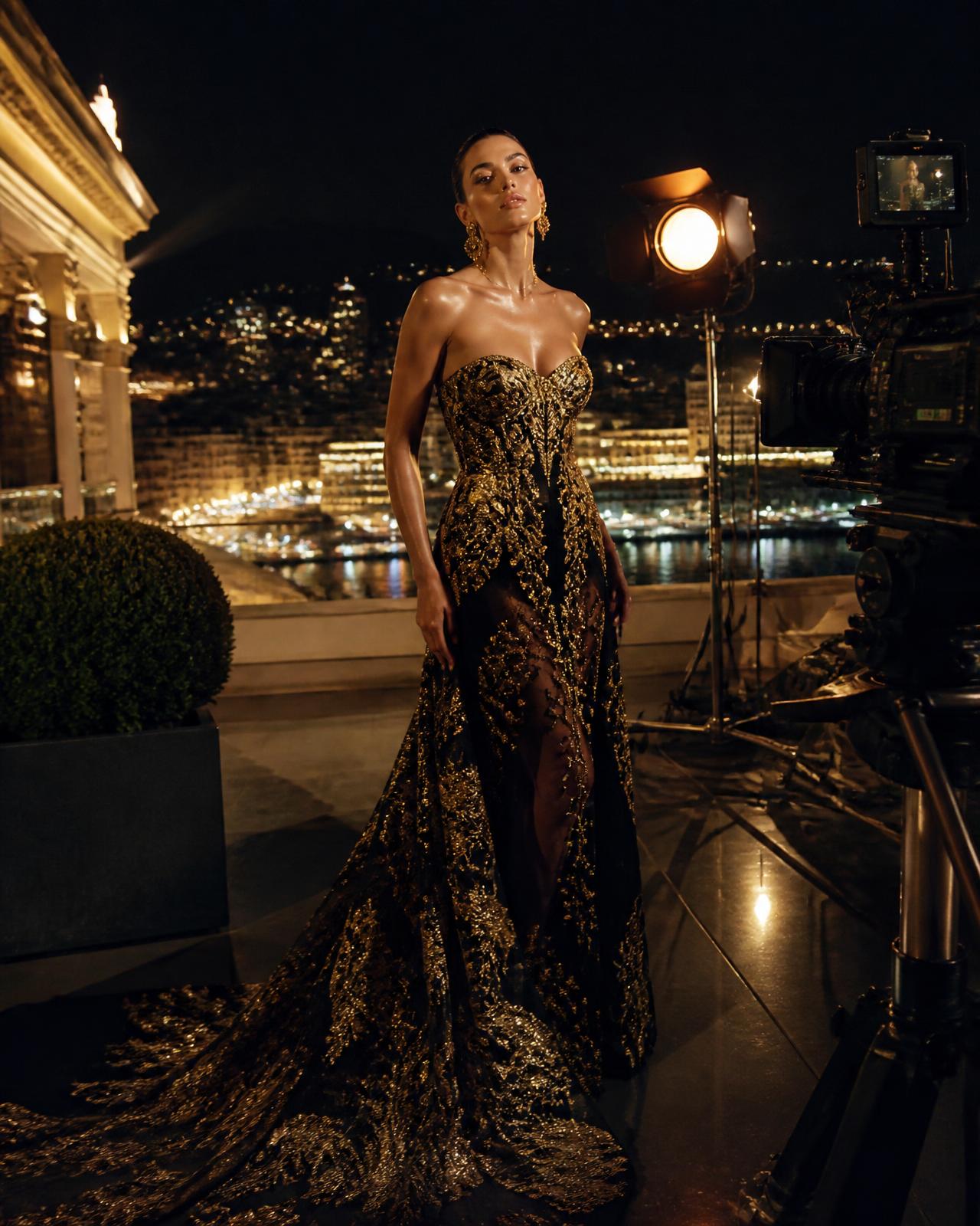 Night fashion production on a Monaco rooftop